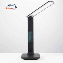 Luminária de mesa led recarregável para escritório, luminária led dobrável com controle de toque e despertador de temperatura e calendário com usb 2024 - compre barato