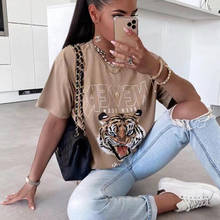 Boho Khaki Tiger Head Graphic Tees Women 100% Cotton Short Sleeve O Neck Tshirt Shirts New Fashion Women T-shirt Casual T Shirts 2024 - buy cheap