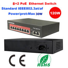 Conmutador POE de 8 canales, conmutador de alimentación sobre Ethernet, IEEE802.3 at/af 10, 8 + 2 POE, 120W 2024 - compra barato