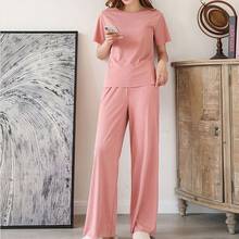 Conjunto de pijama de manga corta para mujer, pantalones de pierna ancha sueltos, 2 piezas, moda de ocio, ropa cómoda para el hogar, Q42 2024 - compra barato