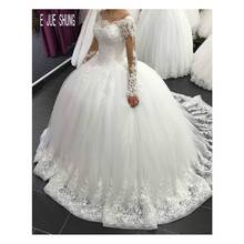 E jue-vestido de noiva rendado, elegante, manga longa, com decote 2024 - compre barato