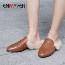 ENMAYER 2020 Genuine Leather Wool  Mules Shoes Women Winter Outside Square Heel Fur Genuine Leather Luxury Slippers Women 34-40 2024 - buy cheap