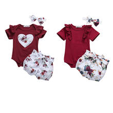 2020 Baby Summer Clothing Newborn Baby Girls Kid Clothes Jumpsuit Hearts Tops Shirt + Flowers Shorts + Headband 3PCS 2024 - buy cheap