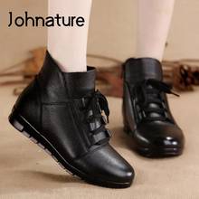 Johnature Winter Shoes Women Boots Zip Genuine Leather 2022 New Handmade Concise Lace-Up Warm Leisure Sewing Platform Boots 2024 - buy cheap