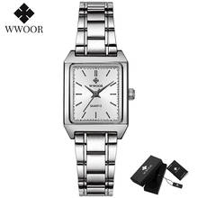 Relógio feminino quadrado wwoor, relógio pequeno de aço inoxidável quartzo prateado casual para mulheres 2024 - compre barato