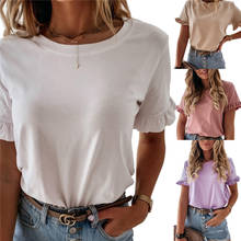 Женская Однотонная футболка с коротким рукавом, женский летний Повседневный пуловер с круглым вырезом, топы 2024 - купить недорого
