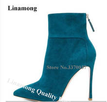 Linamong Elegant Fashion Pointed Toe Suede Leather Stiletto Heel Short Boots Blue Black Back Zipper-up High Heel Ankle Booties 2024 - buy cheap
