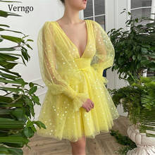 Verngo vestido de baile curto de tule amarelo brilhante com corações padrão, vestido de baile de manga comprida bufante, decote v acima do joelho, vestido de festa 2021 2024 - compre barato