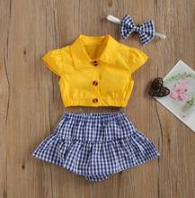 Newborn Baby Summer Set Baby's Lapel Solid Color Shirt Tops Plaid Skirt Shorts Hairband Infants Toddler Girls Baby's Sets 2024 - buy cheap