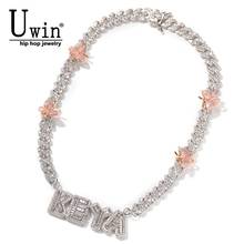 Uiwn Name Necklace 9mm Cuban Chain With Butterfly Baguette Letters Full Iced Out Zircon Pendant Gift HipHop Jewelry 2024 - buy cheap