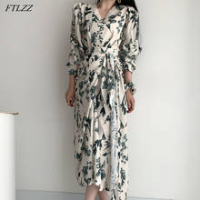 Платье FTLZZ женское с V-образным вырезом, элегантное винтажное повседневное пляжное с поясом и цветочным принтом, с длинным рукавом, весна-осень 2024 - купить недорого