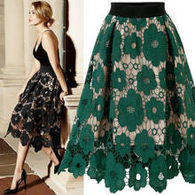 Elegant Women Big Swing Lace Skirt Summer Green Hollow Out Floral Skirts Fashion Elastic Force High Waist Knee Party Beach Skirt 2024 - buy cheap