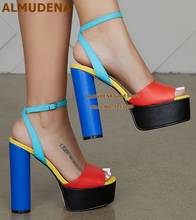 ALMUDENA Blue Yellow Red Color Patchwork Chunky Heels Platform Dress Shoes Buckle Strap Nightclub Evening Prom Sandals Dropship 2024 - buy cheap