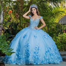 Небесно-голубые Бальные платья 2021 платье принцессы бальное платье с открытыми плечами аппликации 3D Цветы вечерние сладкий 16 Vestidos De 15, 2024 - купить недорого