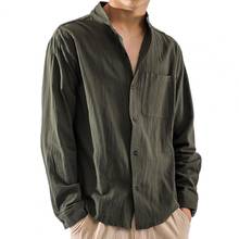 Men Solid Color Pocket Stand Collar Buttons Shirt Top Cotton Linen Loose Coat 2024 - buy cheap