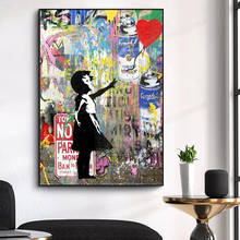 Pintura de tela moderna estampa de grafite de parede, arte de rua, pintura de menina segurando balão, decoração de imagem de quarto 2024 - compre barato
