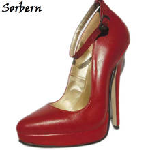 Sorberna sapato feminino stilettos salto fino 16cm, pulseira de tornozelo bico fino couro legítimo personalizado mais cores 2024 - compre barato