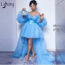 Fashion Sky Blue High Low Tulle Evening Dresses Full Lantern Sleeves Off The Shoulder Long Evening Gowns Wedding Party Dress 2024 - buy cheap