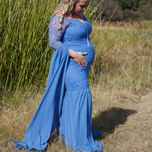 Платье для фотосъемки для беременных с открытыми плечами макси платья с рукавами-колокольчиками кружевное шифоновое платье Русалочки с низким вырезом для беременных женщин реквизит для фотосессии 2024 - купить недорого