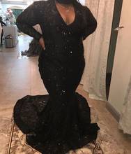 Plus Size Black Mermaid Prom Dresses New Long Sleeve V Neck Sequined Sweep Strain Formal Evening Gowns Party Dress 2024 - buy cheap