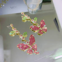 Brincos de pingente de borboleta de strass femininos, elegantes coreanos para meninas joias de festa de pingente de folha 2024 - compre barato