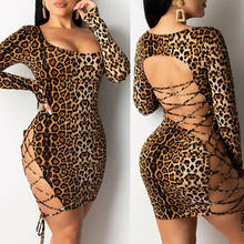 Mini vestido backde leopardo, vestido feminino sem costas com manga comprida, decote em u justo e com bainha de renda 2024 - compre barato