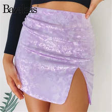 Bazaleas Streetwear Side Split Short Mini Skirt Harajuku Satin Floral Purple Skirts Womens Slim Women A-line Skirt 2024 - buy cheap