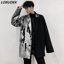 Korean Style Splicing Blazer Men Silver Black Sequins Loose Casual Coat Tie Male Singer Nightclub Bar Stage Costume Streetwear 2024 - buy cheap