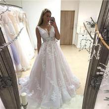 Pink Wedding Dress 2022 V Neck Bridal Gowns Country Vestido De Noiva Backless Sleeveless Appliques Lace Bride Dresses 2024 - buy cheap