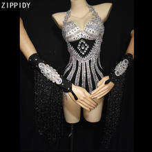 Bright Silver Rhinestones Bodysuit Fringe Gloves Outfit Women Singer Show Evening Prom Wear Birthday Celebrate Outfit Set 2024 - buy cheap