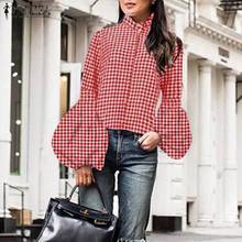 2022 Spring Shirts ZANZEA Fashion Plaid Work Office Blouse Long Puff Sleeve Check Chemise Women Casual Tunic Tops Female Blusas 2024 - buy cheap