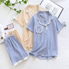 2022 Japanese new style ladies summer 100% cotton crepe short-sleeved shorts pajamas two-piece pure color cute home service set 2024 - buy cheap