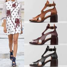 Summer New Girls Genuine Leather Cuts Out Buckle Roman Sandals Woman Open Toe Hollow British Style Chunky Heels Sandals Shoes 2024 - buy cheap