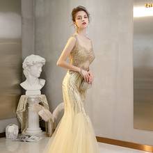 Champagne Mermaid Evening Dresses 2020 Special Occasion prom dress Crystal Pearls Floor Length Formal Gowns For Women Wear 2024 - buy cheap