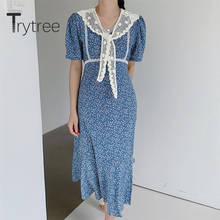 Trytree-vestido informal de verano para mujer, prenda elegante con cuello en V, volantes, retazos de encaje, 2 colores, a la moda 2024 - compra barato