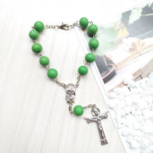 QIGO Green Wood Rosary Bracelet Jesus Cross Pendant Bracelet Religious Pray Jewelry Gifts 2024 - buy cheap