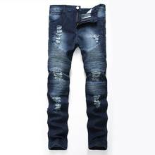 Fashion Men Casual Ripped Jeans Long Pleated Hole Straight Denim Jeans Pencil Pants With Zipper Solid Men Denim Pants 2024 - buy cheap