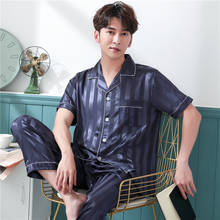 Pijama masculino de seda, de verão, camisa curta + calças compridas, conjunto de duas peças, pijama masculino casual, solto, macio, plus size, 3xg 2024 - compre barato