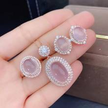 Conjunto de lujo de cuarzo rosa 100% Natural y Real, anillo de Plata de Ley 925, pendiente de 2 piezas, colgante de 1 pieza 2024 - compra barato