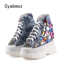 Cyabmoz-zapatos de aumento de altura para mujer, zapatillas de tela vaquera hueca, tacones altos, con diamantes de imitación, con plataforma y Punta abierta, para fiesta 2024 - compra barato