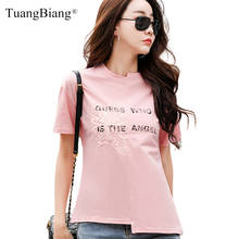 Female Asymmetrical Patchwork O-Neck Hem Cotton T-Shirts Summer 2021 Women Short Sleeve Tshirt Pink Office Lady 3D Printing Tops 2024 - buy cheap