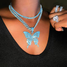 Flatfoosie Blue Pink Clear Crystal Butterfly Pendant Necklace Charm Miami Cuban Link Chain Necklace for Women Hip Hop Jewelry 2024 - buy cheap