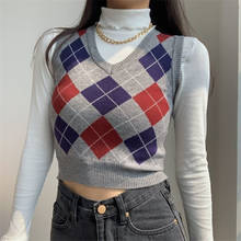 New Preppy Style Argyle Plaid Knitted Sweater Vest Women Korean Fashion Casual Sleeveless Crop Knitwear 90s 2024 - buy cheap