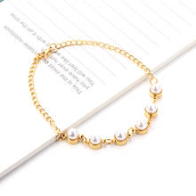 Luxukisskids pulseira feminina de aço inoxidável, pulseira dourada a vácuo brilhante de pérolas falsas para noivas 2024 - compre barato