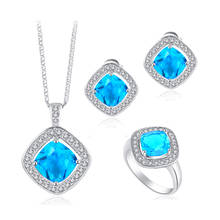 ROLILASON silver plated stamped Earring Necklace Pendant rings Light blue AAA CZ Fashion Jewelry Set for party JS639 2024 - buy cheap