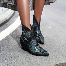 YMECHIC 2019 Retro Fashion Embroidery Plaid Snake Print Block High Heels Western Ankle Boots Female Buckle Pointed Toe Shoes 2024 - buy cheap