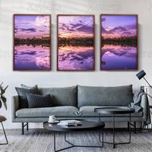 Pintura romântica pôster do sol com brilho único pôster roxo lago paisagem pintura de parede arte impressão em tela decoração da sala de estar 2024 - compre barato