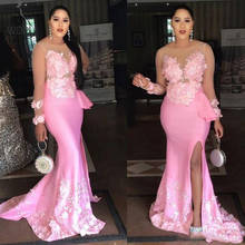 Sheer Neck Pink Mermaid Prom Dresses 2019 Floral Appliques Evening Party Gown Side Split Long Sleeve Formal Dress robe de soiree 2024 - buy cheap