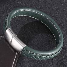 Fashion Green Braided Leather Bracelet Men Jewelry Stainless Steel Magnetic Clasps Male Wrist Band Bangles 2024 - buy cheap