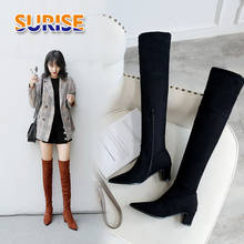 Winter Autumn Women Stretch Over Knee Boots 6cm Block Chunky High Heel Black Grey Flock Pointed Toe Lady Zipper Thigh High Boots 2024 - buy cheap